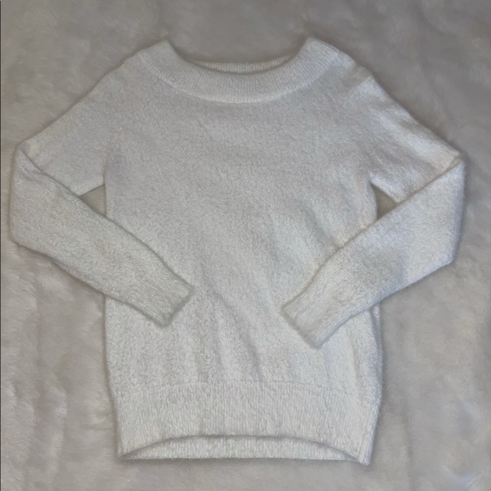 White off the shoulder furry sweater